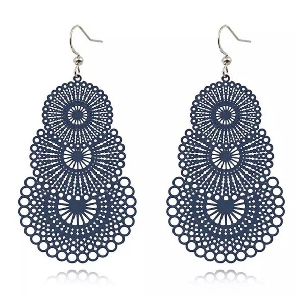 Vintage Style Boho Filigree Tiered Circle Navy Dark Blue Drop Earrings NWT - Picture 1 of 8